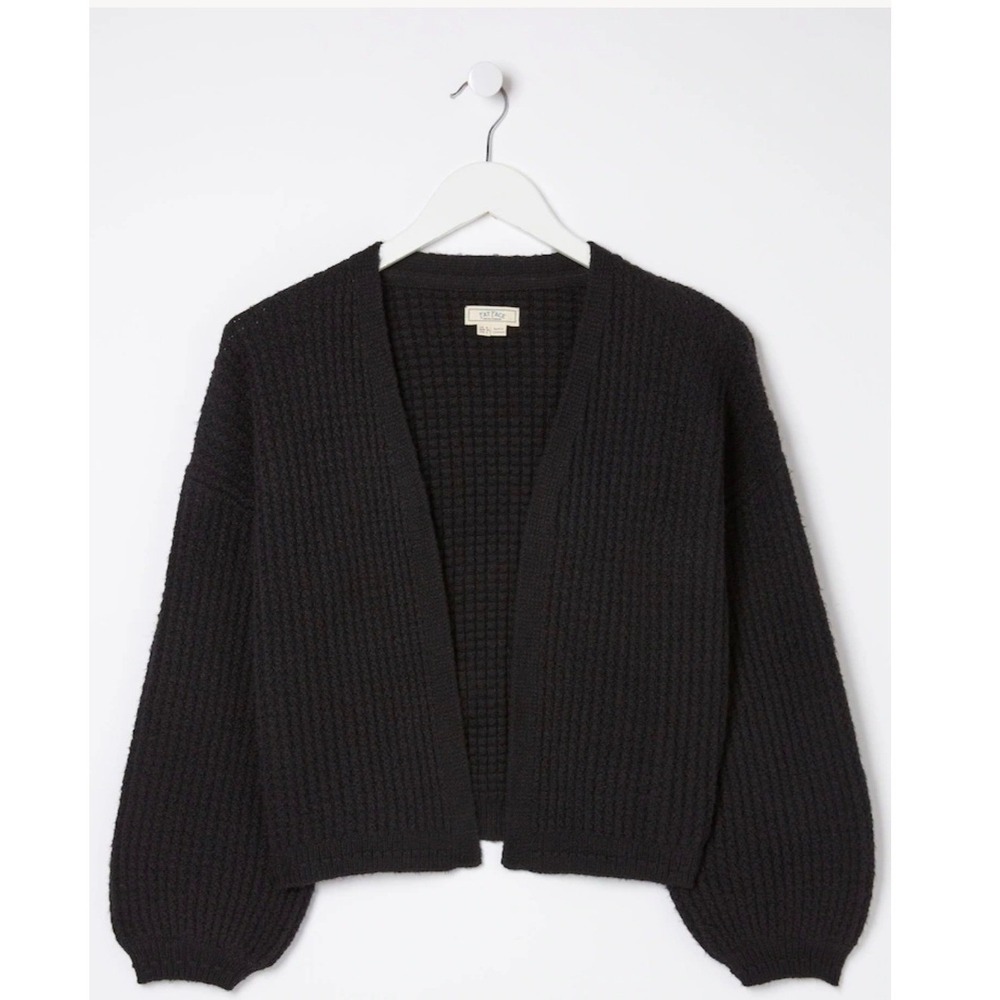FatFace Anna Black Waffle Knit Short Cardigan Sweater Womens 14 Open Front
